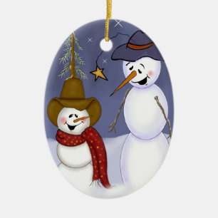 Niedlicher Volkskunst-CowboySnowman Keramikornament