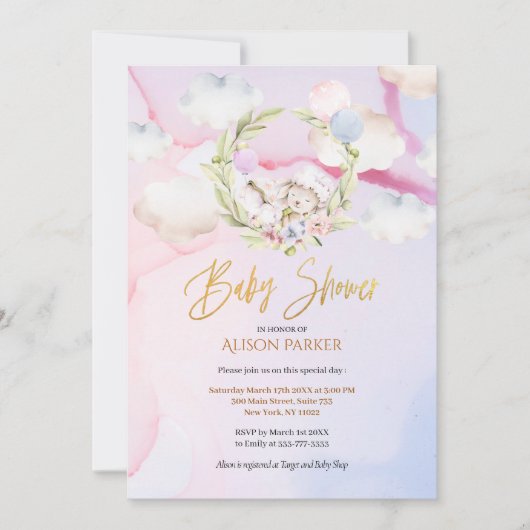 Niedlicher Wald Rabbit Pink Sky | Babydusche Einladung (Vorderseite)