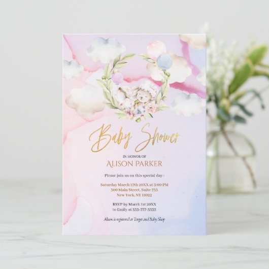 Niedlicher Wald Rabbit Pink Sky | Babydusche Einladung (Stehend Vorderseite)