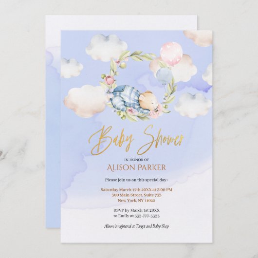 Niedlicher Waldbär Blauer Himmel Kinderdusche Einladung (Vorne/Hinten)