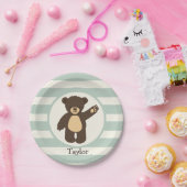 Niedlicher Waldbrauner Bär; Sandgrün Streifen Pappteller (Party)