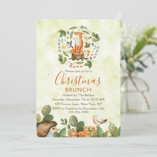 Niedlicher Waldfox Weihnachtsbrunch Farbe Einladung (Stehend Vorderseite)