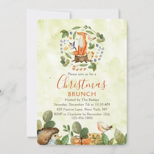Niedlicher Waldfox Weihnachtsbrunch Farbe Einladung (Vorderseite)