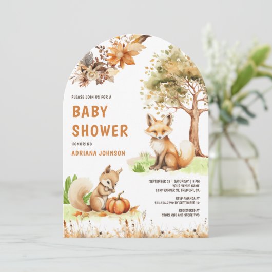 Niedlicher Waldfuchs Herbstsonnendusche Einladung (Stehend Vorderseite)