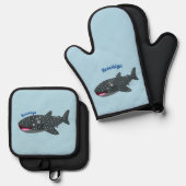 Niedlicher Walhai-Happy Cartoon-Abbildung Ofenhandschuh & Topflappen-Set (Vorderseite/Rückseite)