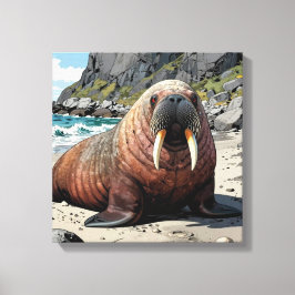 Niedlicher Walross auf einem Sandstrand Leinwanddruck