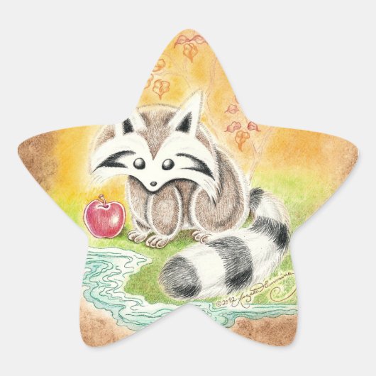 Niedlicher Waschbär mit rotem Apfel in der Nähe de Stern-Aufkleber (Vorderseite)