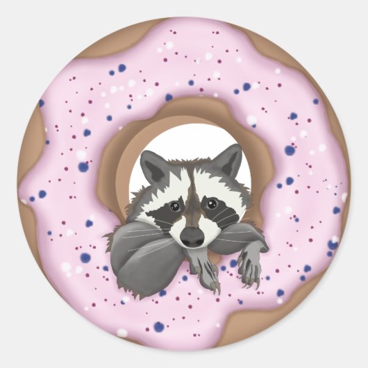 Niedlicher Waschbär und Yummy Donut Runder Aufkleber (Vorderseite)