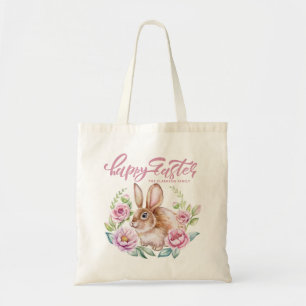 Niedlicher Wasserfarben-Hase Rosa Floraler Kranz O Tragetasche