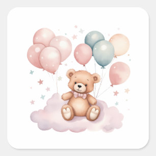 Niedlicher Wasserfarbenballon Teddy Bear auf Cloud Quadratischer Aufkleber