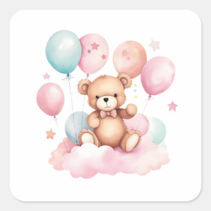 Niedlicher Wasserfarbenballon Teddy Bear auf rosa Quadratischer Aufkleber