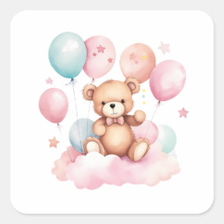 Niedlicher Wasserfarbenballon Teddy Bear auf rosa  Quadratischer Aufkleber