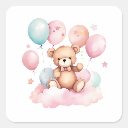 Niedlicher Wasserfarbenballon Teddy Bear auf rosa Quadratischer Aufkleber (Vorderseite)