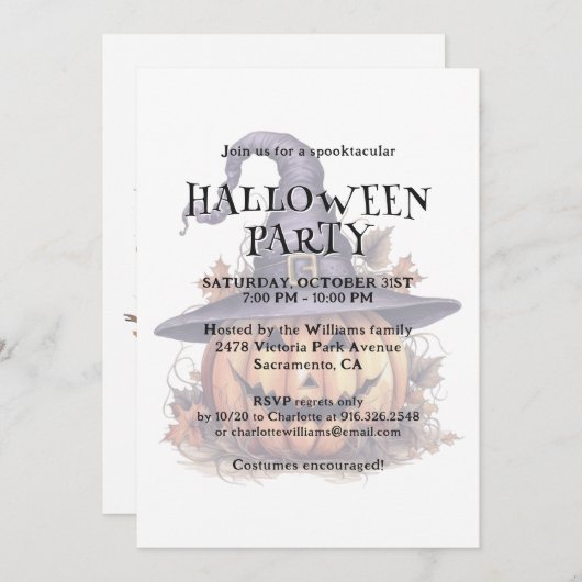 Niedlicher Wasserfarbenkürbis in ein Hut-Halloween Einladung (Vorne/Hinten)