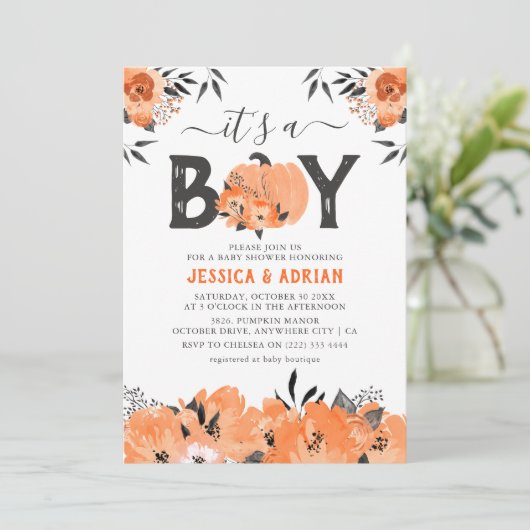 Niedlicher Wasserfarbenkürbis 'It's a Boy' Kinderd Einladung (Stehend Vorderseite)