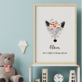 Niedlicher Watercolor Wolf mit Blume | Boho Kinder Poster