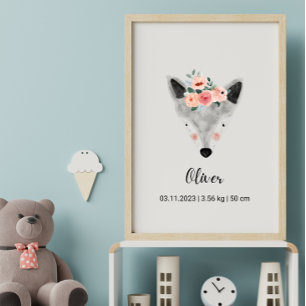 Niedlicher Watercolor Wolf mit Blume Boho Kinder Poster