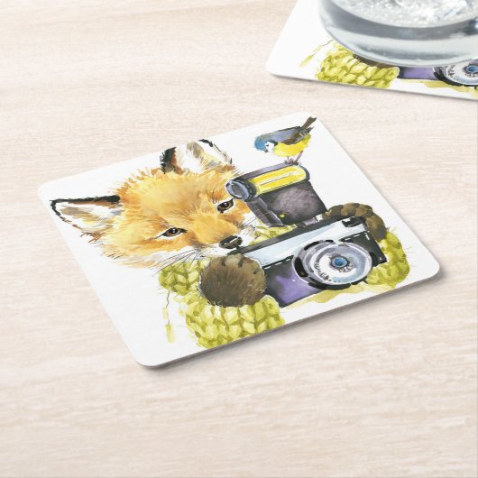 Niedlicher WatercolorFox, der Fotos macht Rechteckiger Pappuntersetzer (angewinkelt)