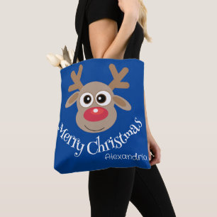 Niedlicher Weihnachts-Cartoon Reindeer Blue Tote B Tasche