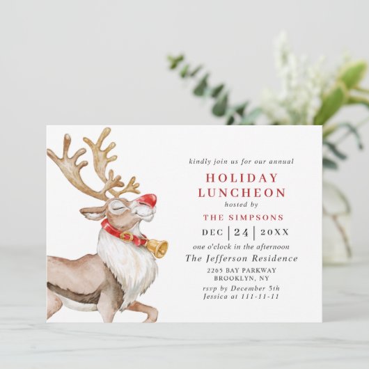 Niedlicher Weihnachts-Cartoon Reindeer HOLIDAY LUN Einladung (Stehend Vorderseite)