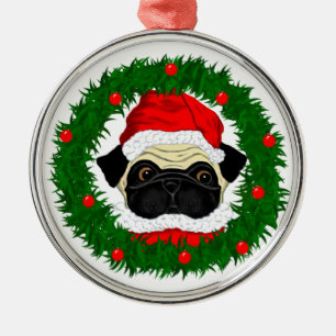 Niedlicher Weihnachts-Mops Santa Maria in Kranz Ornament Aus Metall