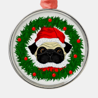 Niedlicher Weihnachts-Mops Santa Maria in Kranz Ornament Aus Metall