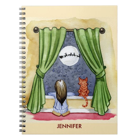 Niedlicher Weihnachtsabend Kind & Kitty Cat Wasser Notizblock (Vorderseite)