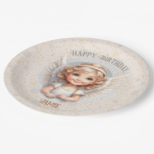 Niedlicher Weihnachtsangel Geburtstagsnamenpapier- Pappteller (Schrägansicht)