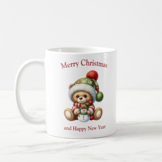 Niedlicher Weihnachtsbärenjunge umarmt Schneemann Kaffeetasse (Links)