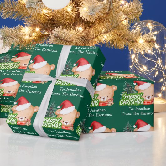 Niedlicher Weihnachtsbärenname Grün Geschenkpapier (Feiertage)