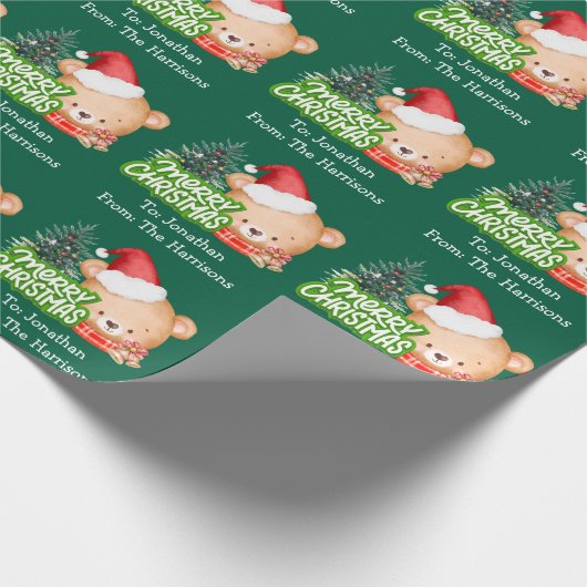 Niedlicher Weihnachtsbärenname Grün Geschenkpapier (Ecke)
