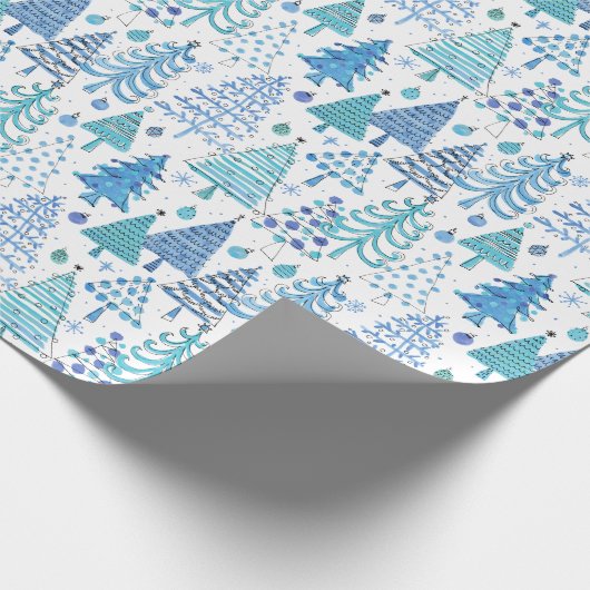 Niedlicher Weihnachtsbaum Aquamarin blaues grünes  Geschenkpapier (Ecke)