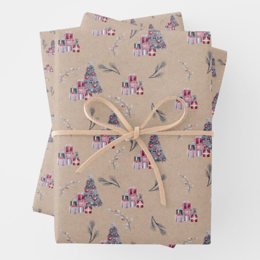 Niedlicher Weihnachtsbaum auf Kraft Geschenkpapier Set (Beispiel)