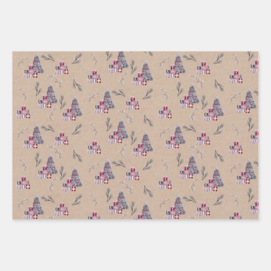 Niedlicher Weihnachtsbaum auf Kraft Geschenkpapier Set (Vorderseite)