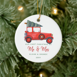 Niedlicher Weihnachtsbaum des Roten Autos Erstes F Keramik Ornament