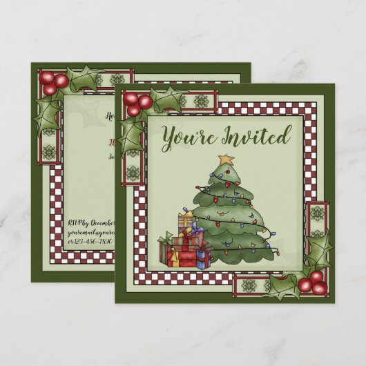 Niedlicher Weihnachtsbaum, Geschenke und Holly Hol Einladung (Vorne/Hinten)