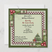 Niedlicher Weihnachtsbaum, Geschenke und Holly Hol Einladung (Rückseite)