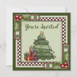 Niedlicher Weihnachtsbaum, Geschenke und Holly Hol Einladung