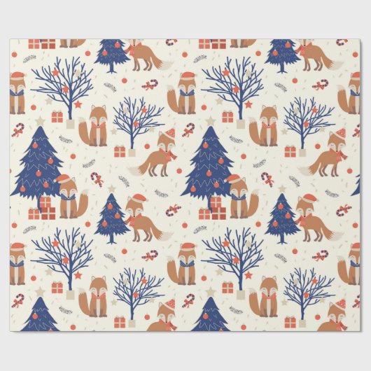 Niedlicher Weihnachtsbaum gibt Stars Fox Blue Red Geschenkpapier (Flach)