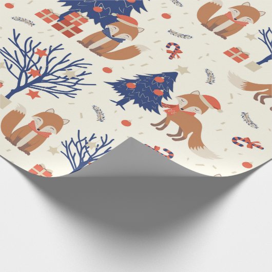 Niedlicher Weihnachtsbaum gibt Stars Fox Blue Red  Geschenkpapier (Ecke)