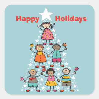 Niedlicher Weihnachtsbaum Kinder Happy Holidays St Quadratischer Aufkleber