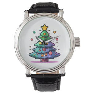 Niedlicher Weihnachtsbaum mit bunten Ornamenten Armbanduhr