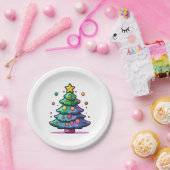 Niedlicher Weihnachtsbaum mit bunten Ornamenten Pappteller (Party)
