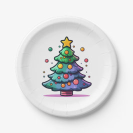 Niedlicher Weihnachtsbaum mit bunten Ornamenten Pappteller