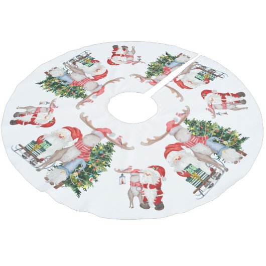 Niedlicher Weihnachtsbaum Rentier und Gnome Polyester Weihnachtsbaumdecke (Schrägansicht)