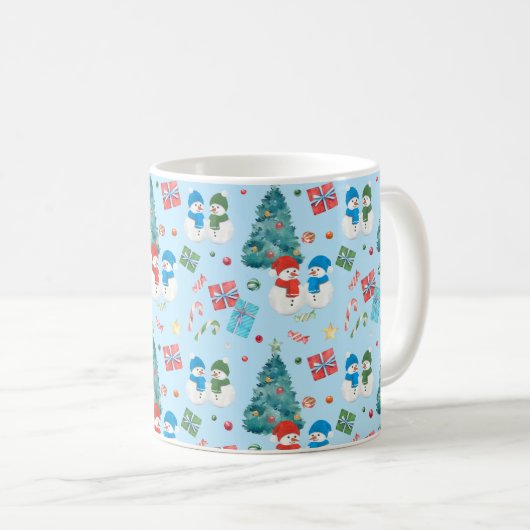 Niedlicher Weihnachtsbaum, Schneemann, Geschenke,  Kaffeetasse (VorderseiteRechts)