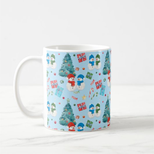 Niedlicher Weihnachtsbaum, Schneemann, Geschenke,  Kaffeetasse (Links)