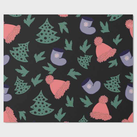 Niedlicher Weihnachtsbaum, Strümpfe, Rote Hats auf Geschenkpapier (Flach)