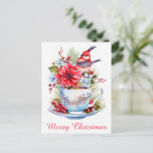 Niedlicher Weihnachtsbird Holly Floral Teacup Tee Postkarte (Stehend Vorderseite)