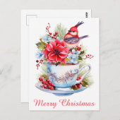Niedlicher Weihnachtsbird Holly Floral Teacup Tee Postkarte (Vorne/Hinten)